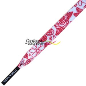 Cordon Plano Impreso Flores White Red Tubelaces