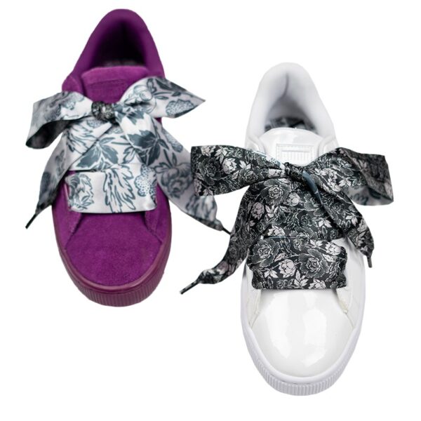 Cordones Planos Estampados Raso Flores Negras