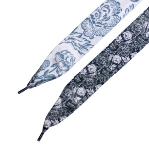Cordones Planos Estampados Raso Flores Negras