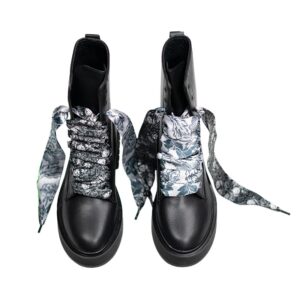 Cordones Planos Estampados Raso Flores Negras