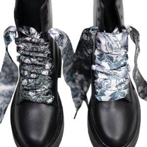 Cordones Planos Estampados Raso Flores Negras