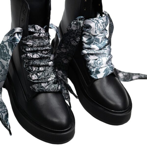 Cordones Planos Estampados Raso Flores Negras