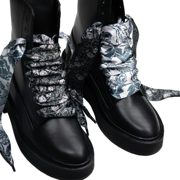 Cordones Planos Estampados Raso Flores Negras